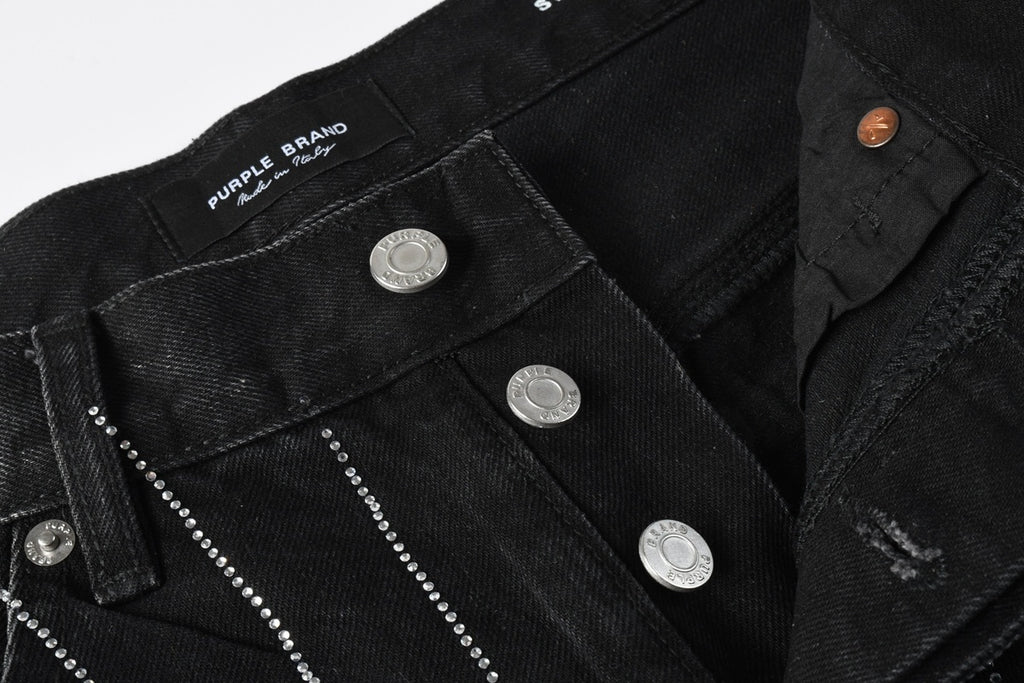 High-Quality Men's Distressed Black Denim Shorts with Rhinestones, Ripped Holes & Loose Fit