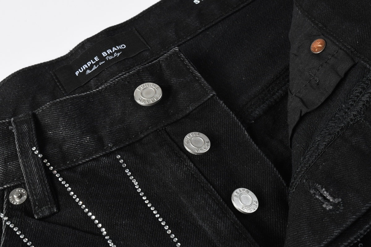 High-Quality Men's Distressed Black Denim Shorts with Rhinestones, Ripped Holes & Loose Fit