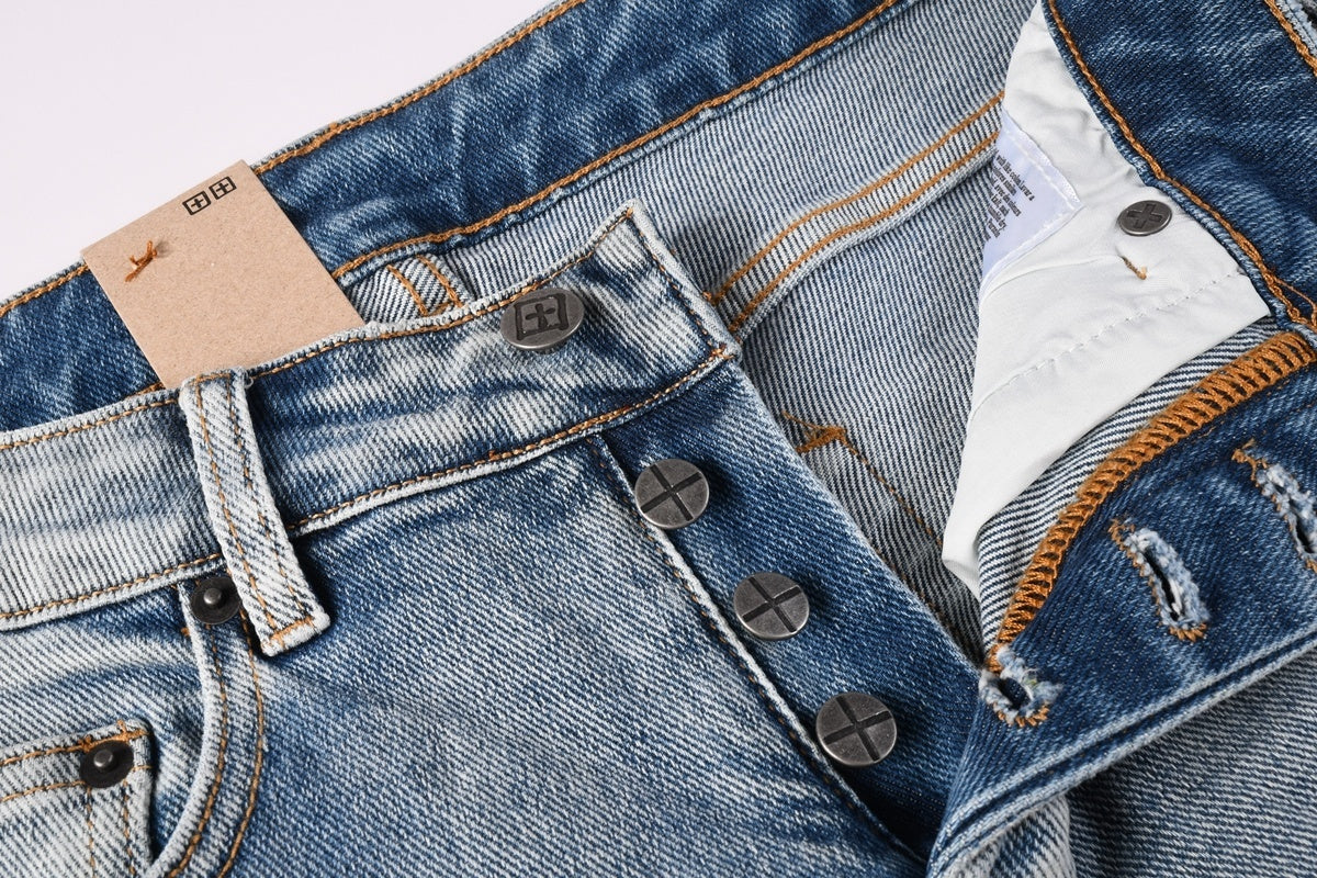 Men’s Light Wash Skinny Jeans - Cross Embroidered Distressed Denim