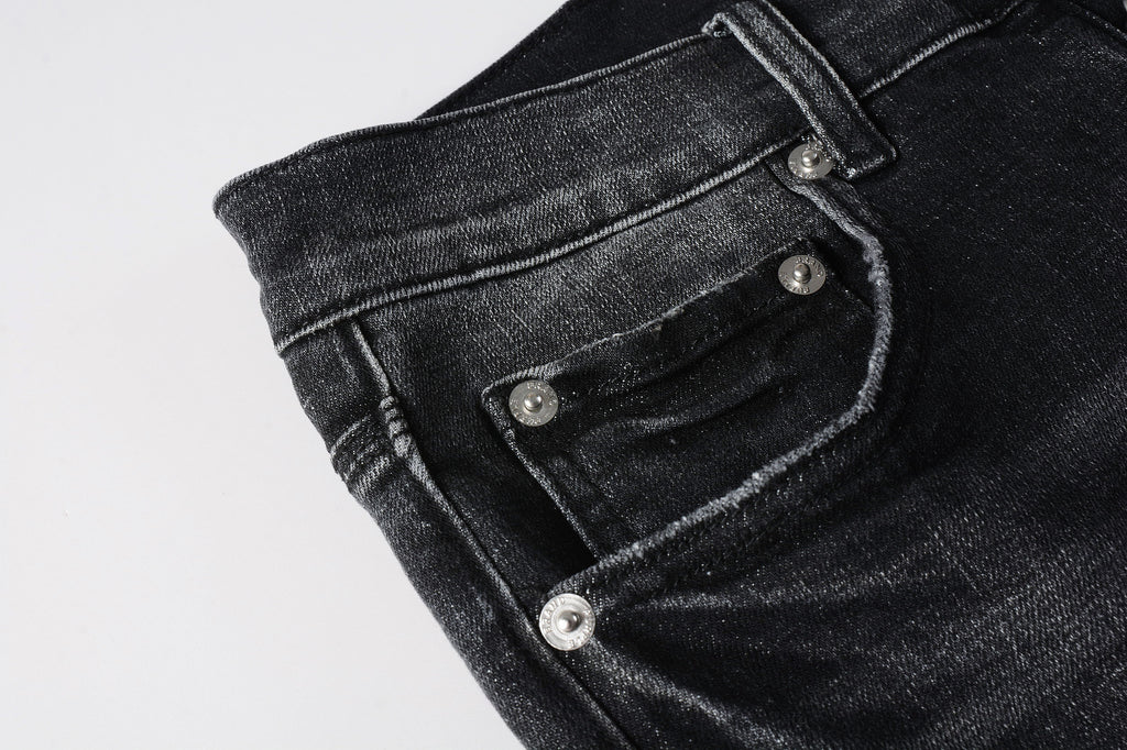 Men's Distressed Black Gray Skinny Jeans with Ripped Holes & Button Fly