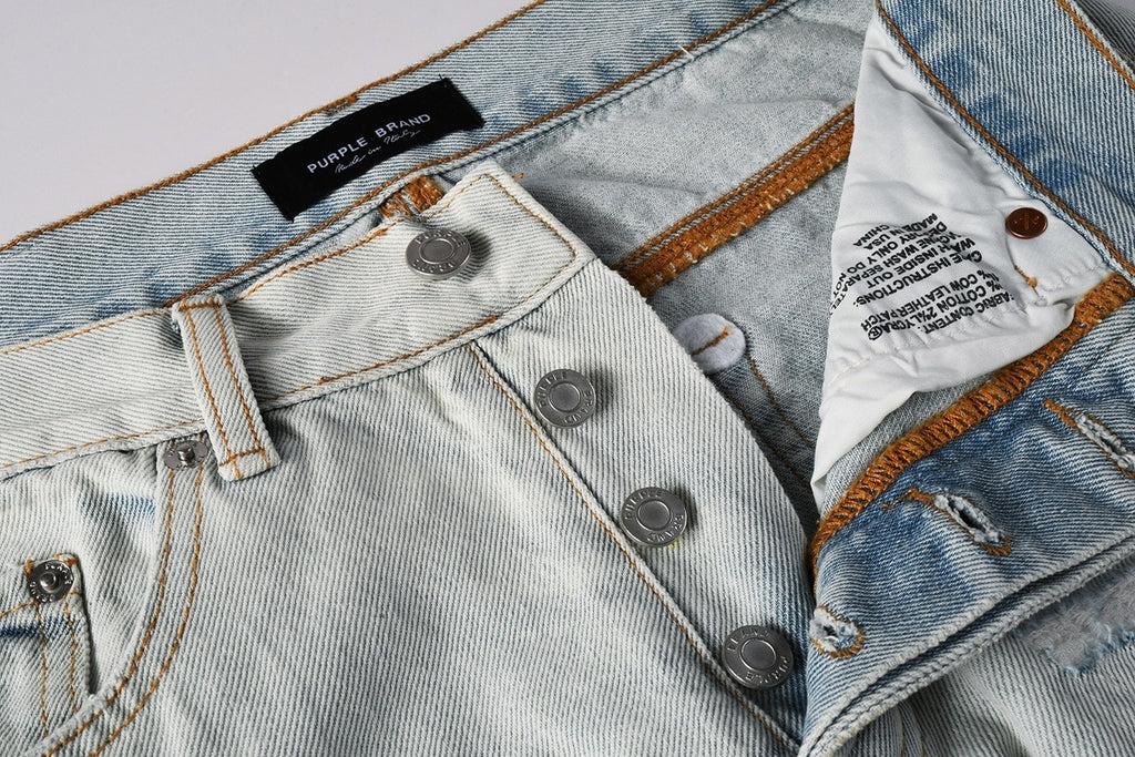 Men's Wide Leg Distressed Blue Jeans with Bandanna Patchwork, Ripped Holes & Button Fly