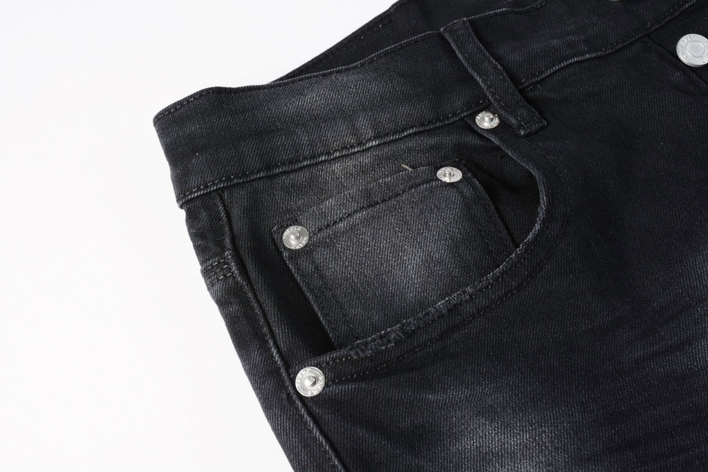 Men's Distressed Black Skinny Jeans with Bandanna Patchwork, Ripped Holes & Button Fly