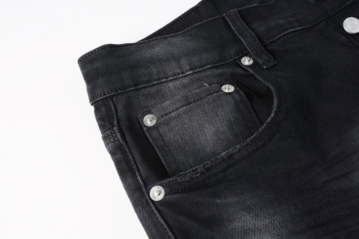 Men's Distressed Black Skinny Jeans with Bandanna Patchwork, Ripped Holes & Button Fly