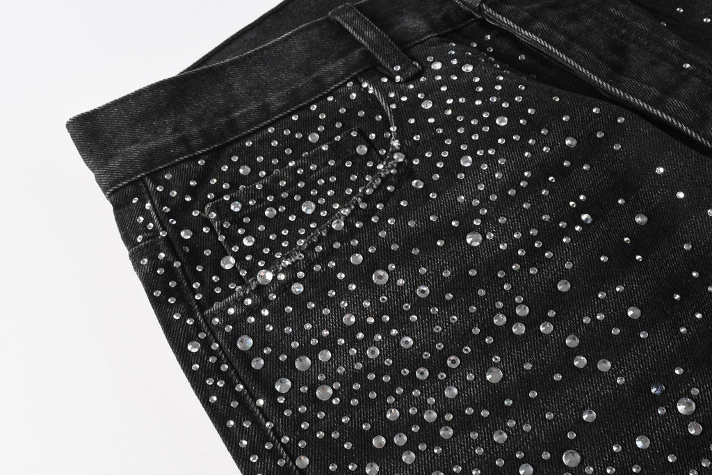 Men's Distressed Black Baggy Jeans with Rhinestones & Street Style
