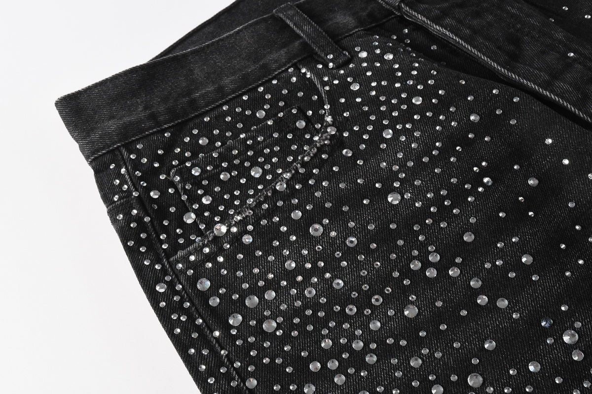 Men's Distressed Black Baggy Jeans with Rhinestones & Street Style