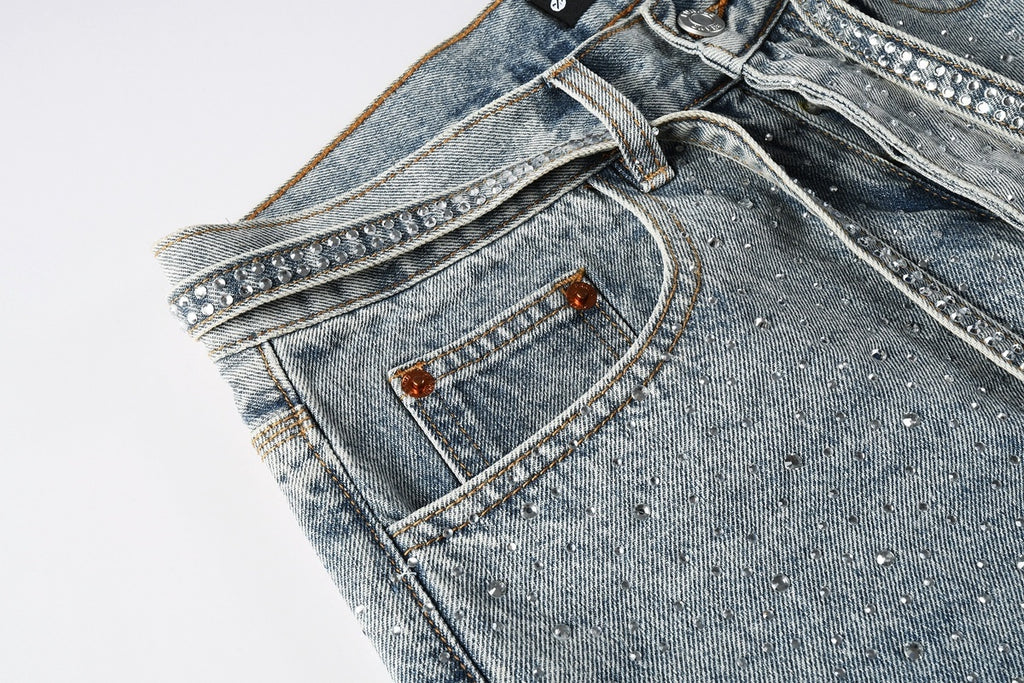 Men’s Baggy Light Blue Rhinestone Jeans – Loose Fit Wide Leg Denim