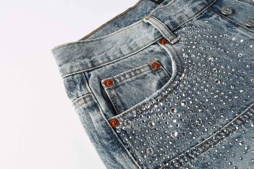 Men's Distressed Vintage Blue Denim Shorts with Rhinestones & Ripped Detailing