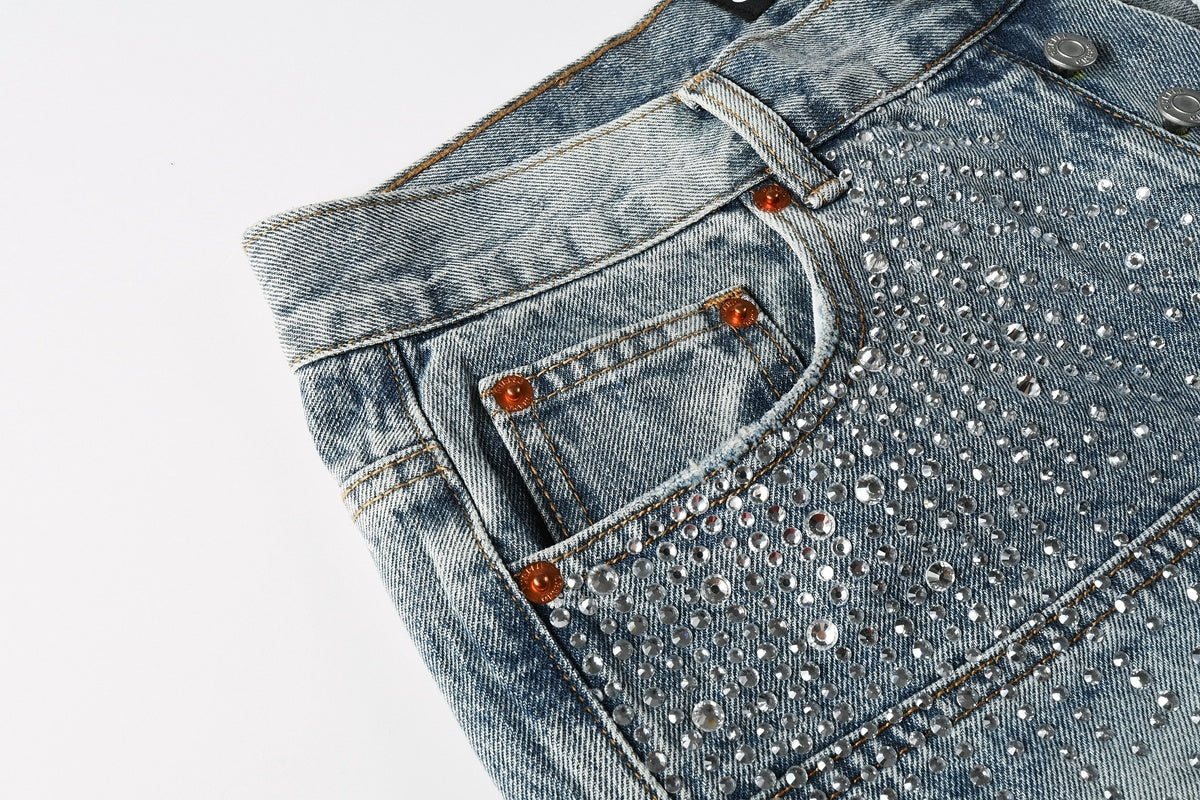 Men's Distressed Vintage Blue Denim Shorts with Rhinestones & Ripped Detailing