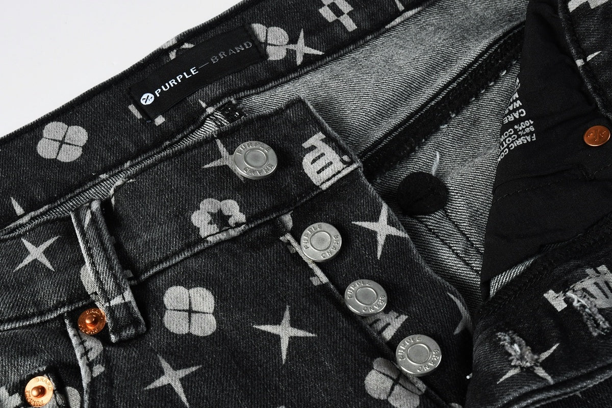 Distressed Skinny Jeans with Laser Print Patterns & Ripped Holes & Button Fly