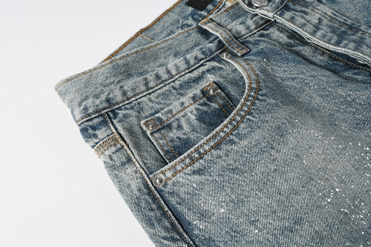 Men's Loose Distressed Blue Baggy Jeans with Coated Finish, Ripped Details & Stretch Fit