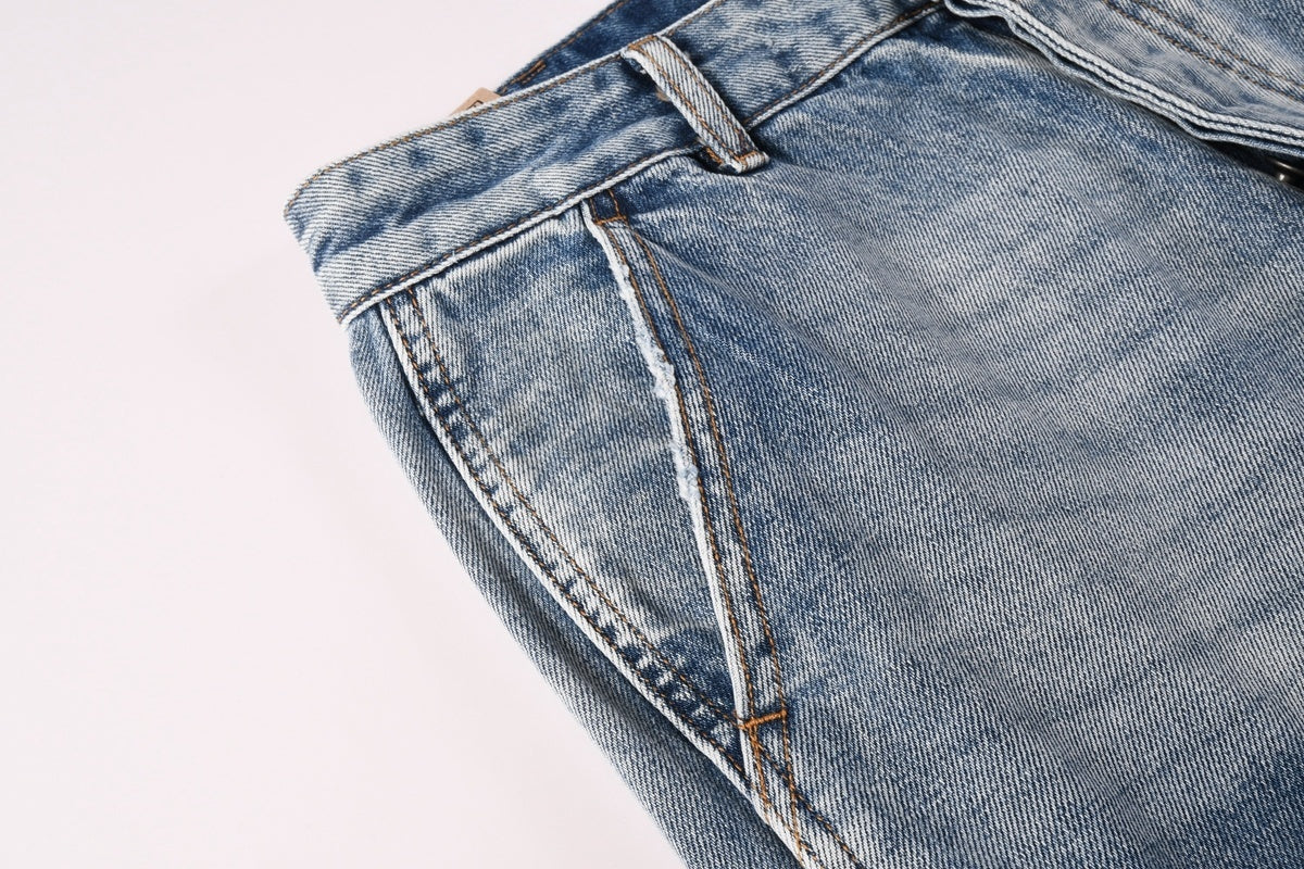 Men’s Light Wash Cargo Jeans - Baggy Utility Denim Pants