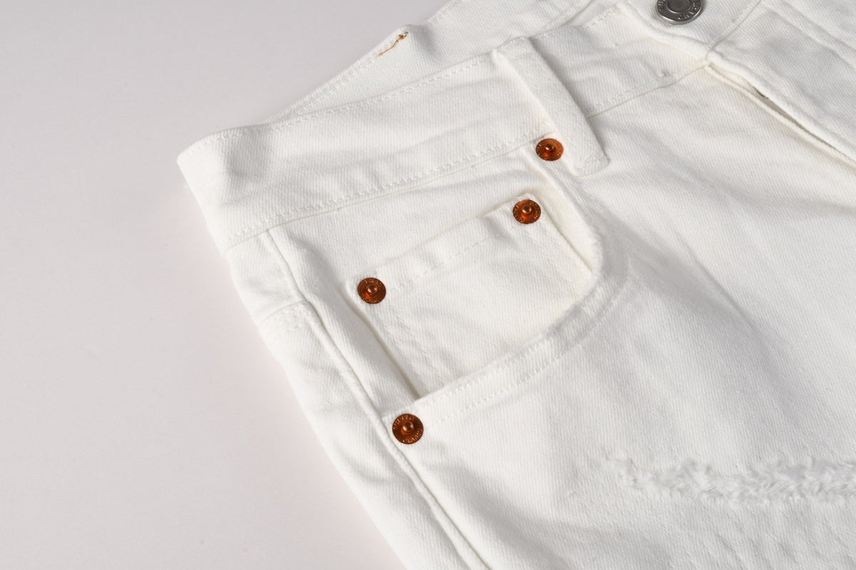 Men's Distressed White Beige Skinny Jeans with Ripped Holes & Button Fly