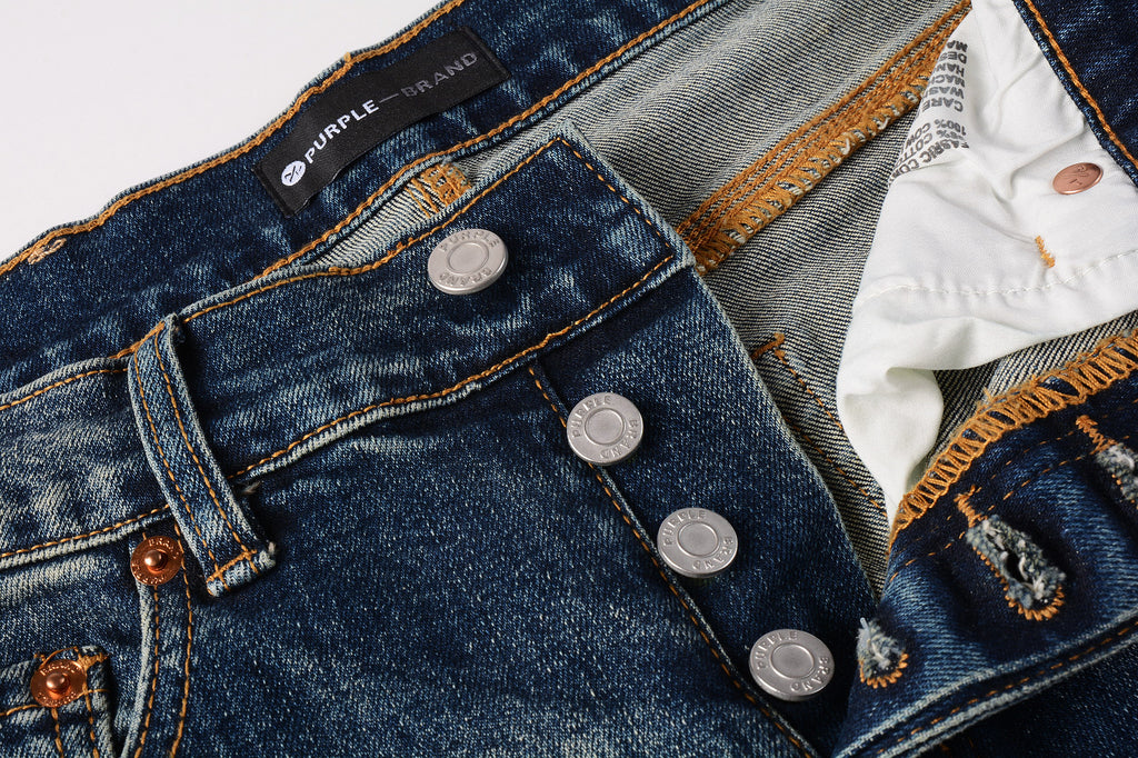 Men's Distressed Dark Blue Skinny Jeans with Ripped Holes & Button Fly