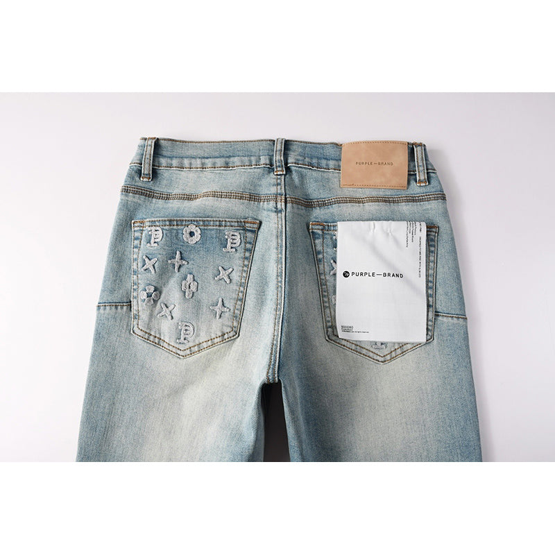 Men's Light Wash Embroidered Letter Skinny Jeans | Streetwear Slim Fit Distressed Denim Pants