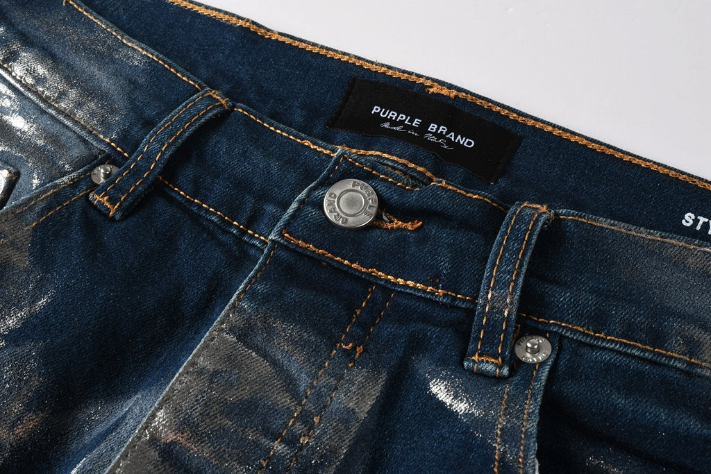 Men's Distressed Blue Skinny Jeans with Silver Coating, Ripped Holes & Button Fly