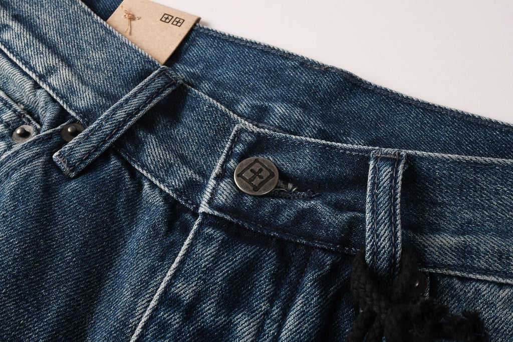 Men’s Vintage Blue Baggy Jeans - Distressed Knee Patch Denim