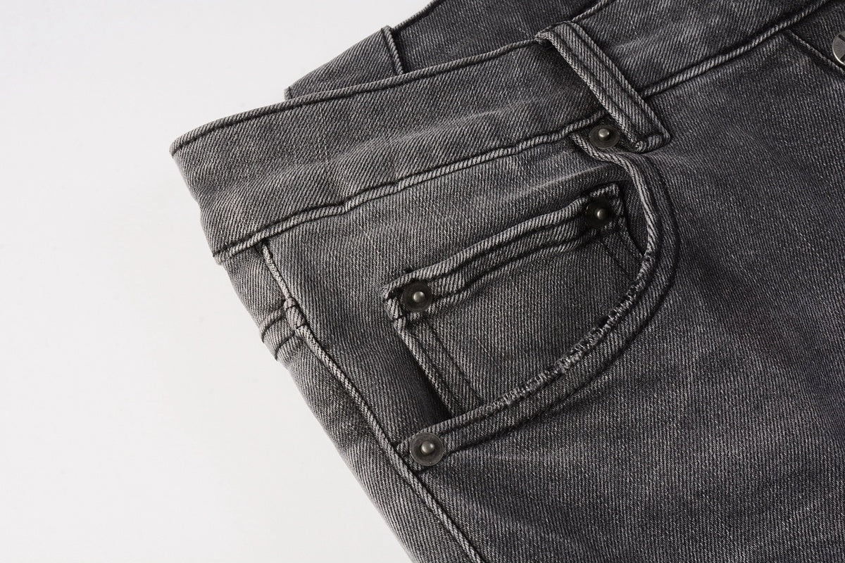 Men's Grey Wash Bandana Patch Distressed Skinny Jeans - Stretch Denim