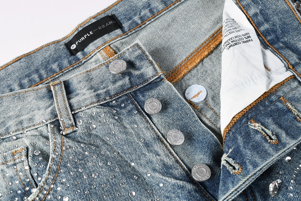 High Street Baggy Jeans - Distressed Blue Rhinestones Pattern | Loose Ripped Jeans