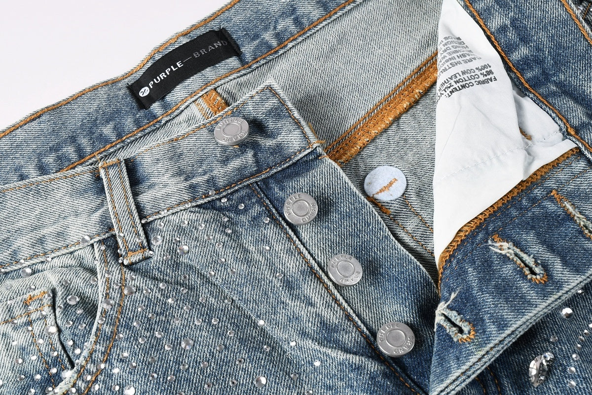 High Street Baggy Jeans - Distressed Blue Rhinestones Pattern | Loose Ripped Jeans