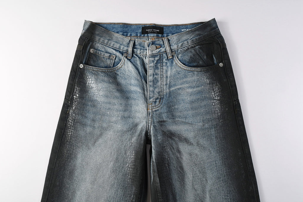 Men's Blue Coated Baggy Jeans with Wide Leg, Loose Fit & Stretch Denim