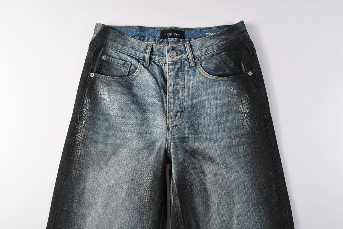 Men's Blue Coated Baggy Jeans with Wide Leg, Loose Fit & Stretch Denim