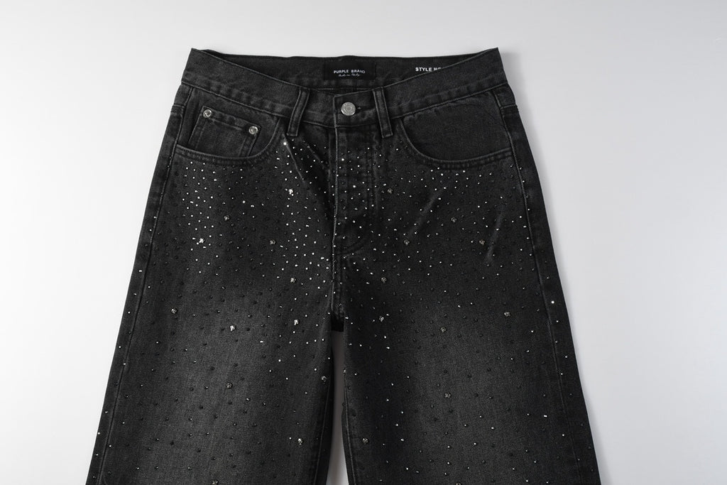 Men's High Street Fashion Black Distressed Baggy Jeans with Rhinestone Detailing & Loose Fit