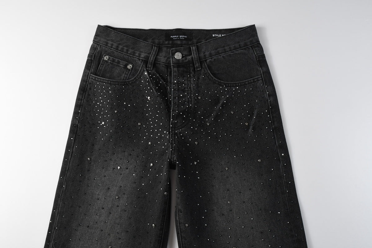 Men's High Street Fashion Black Distressed Baggy Jeans with Rhinestone Detailing & Loose Fit