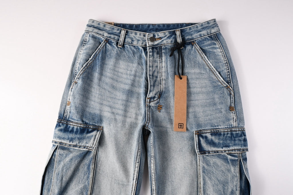Men’s Light Wash Cargo Jeans - Baggy Utility Denim Pants