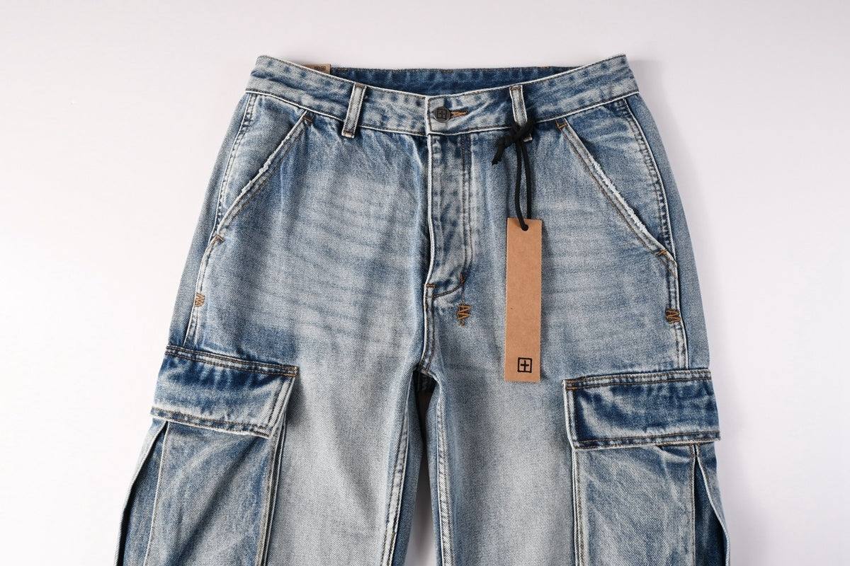 Men’s Light Wash Cargo Jeans - Baggy Utility Denim Pants