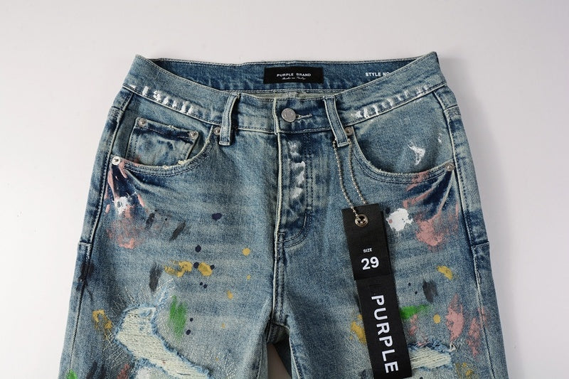 Men's Distressed Light Blue Graffiti Ripped Skinny Jeans with Button Fly & Damaged Holes
