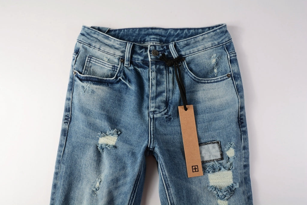 Men's Light Wash Multi-Patch Distressed Skinny Jeans - Stretch Denim