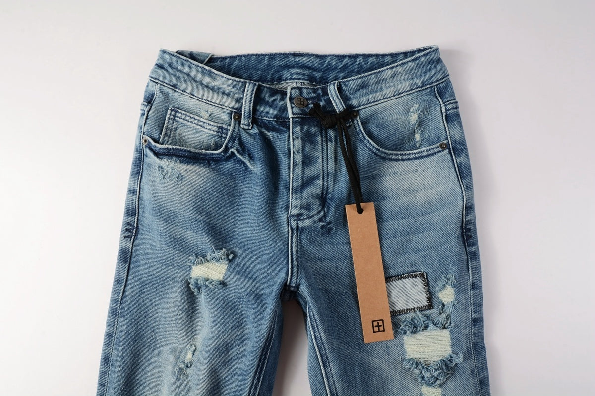 Men's Light Wash Multi-Patch Distressed Skinny Jeans - Stretch Denim