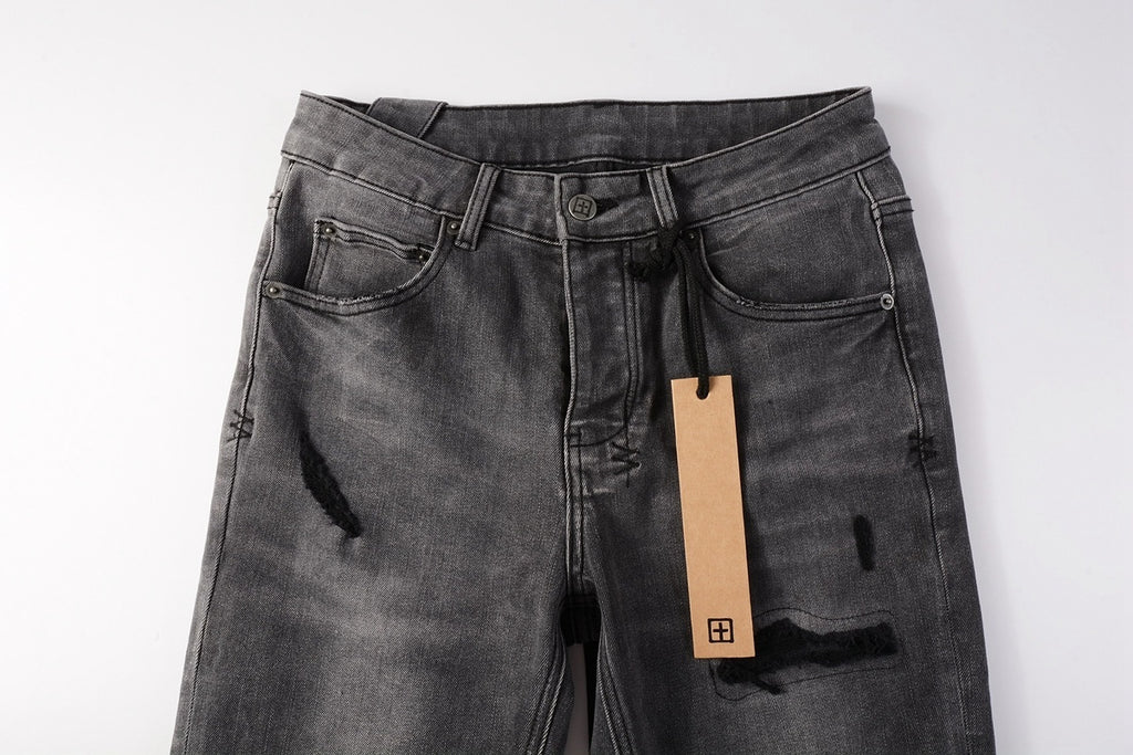 Men's Grey Wash Bandana Patch Distressed Skinny Jeans - Stretch Denim
