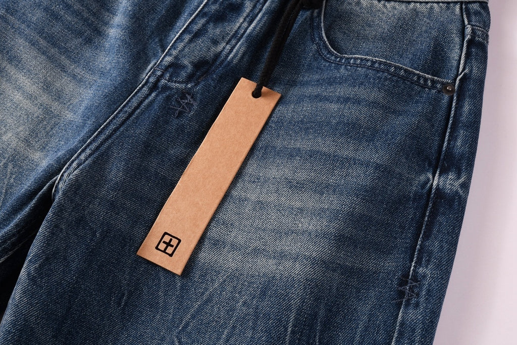 Men’s Vintage Blue Baggy Jeans - Distressed Knee Patch Denim