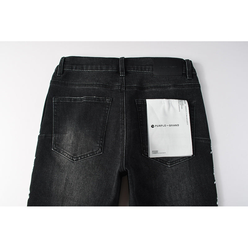 Men's Black Washed Bandana Rhinestone Skinny Jeans | Streetwear Slim Fit Embellished Denim Pants