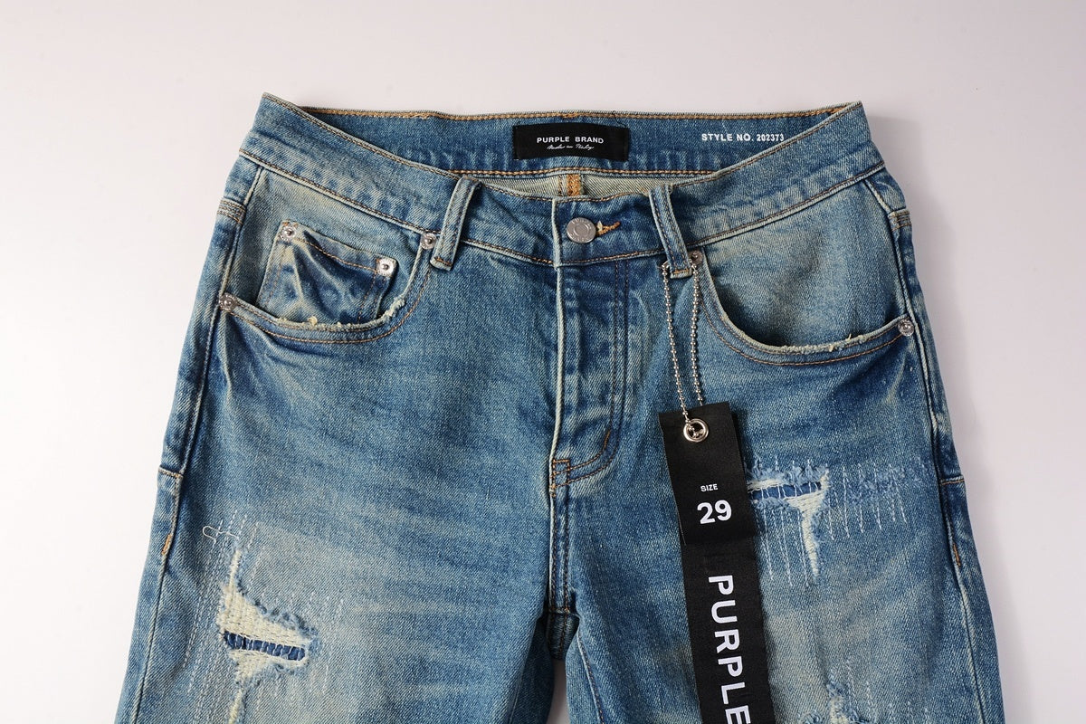 Men's Slim Fit Distressed Sea Blue Skinny Jeans with Button Fly & Ripped Detailing