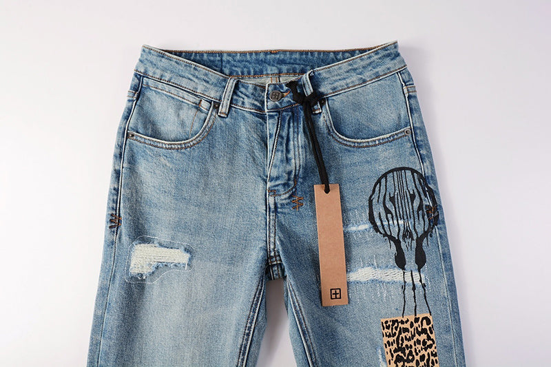 Men’s Ksubi Style Light Blue Patchwork Distressed Skinny Jeans Streetwear Denim