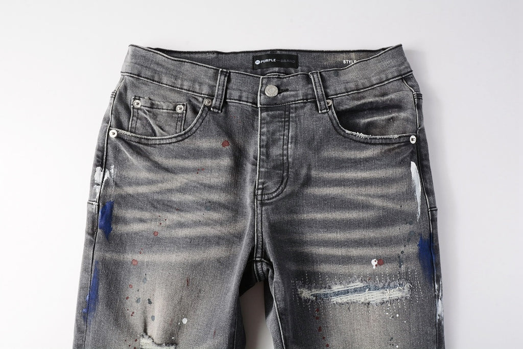 Men's Distressed Gray Graffiti Skinny Jeans with Ripped Holes & Button Fly