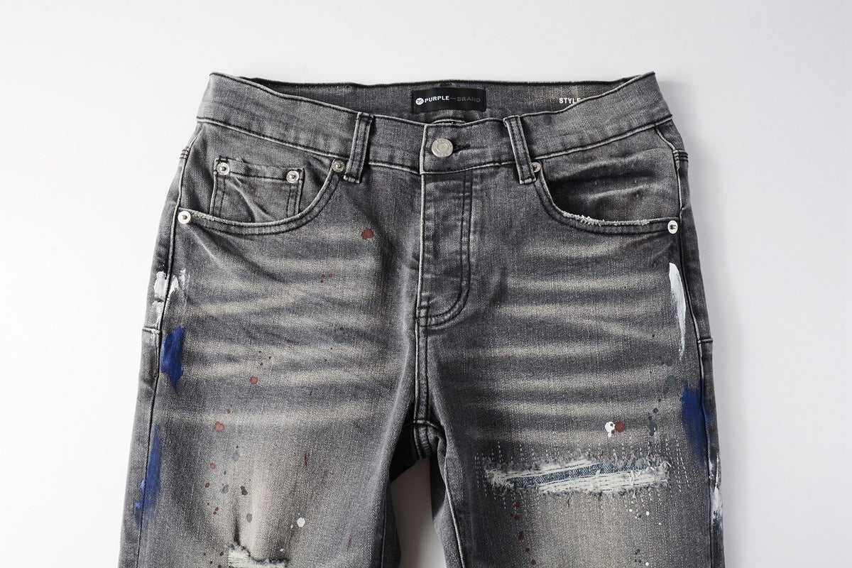 Men's Distressed Gray Graffiti Skinny Jeans with Ripped Holes & Button Fly