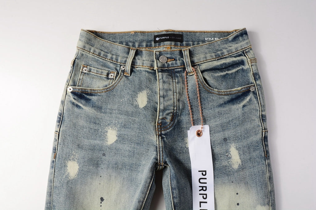 Men's Distressed Light Blue Graffiti Skinny Jeans with Ripped Holes & Button Fly