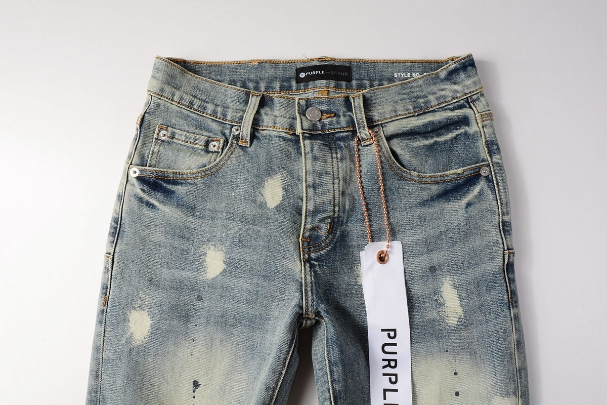 Men's Distressed Light Blue Graffiti Skinny Jeans with Ripped Holes & Button Fly