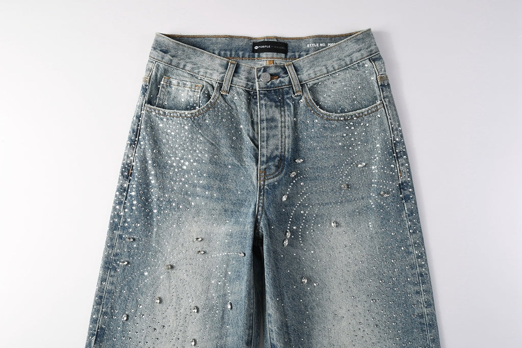 High Street Baggy Jeans - Distressed Blue Rhinestones Pattern | Loose Ripped Jeans