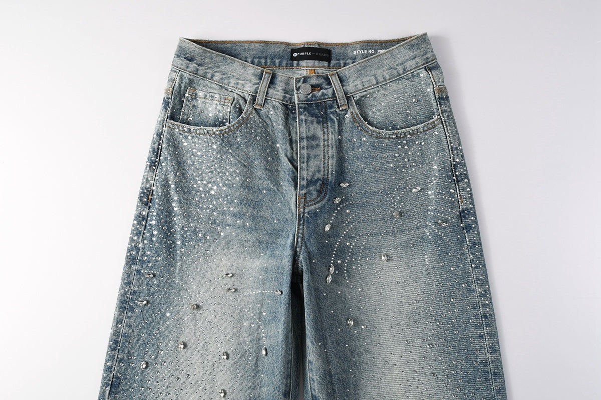 High Street Baggy Jeans - Distressed Blue Rhinestones Pattern | Loose Ripped Jeans