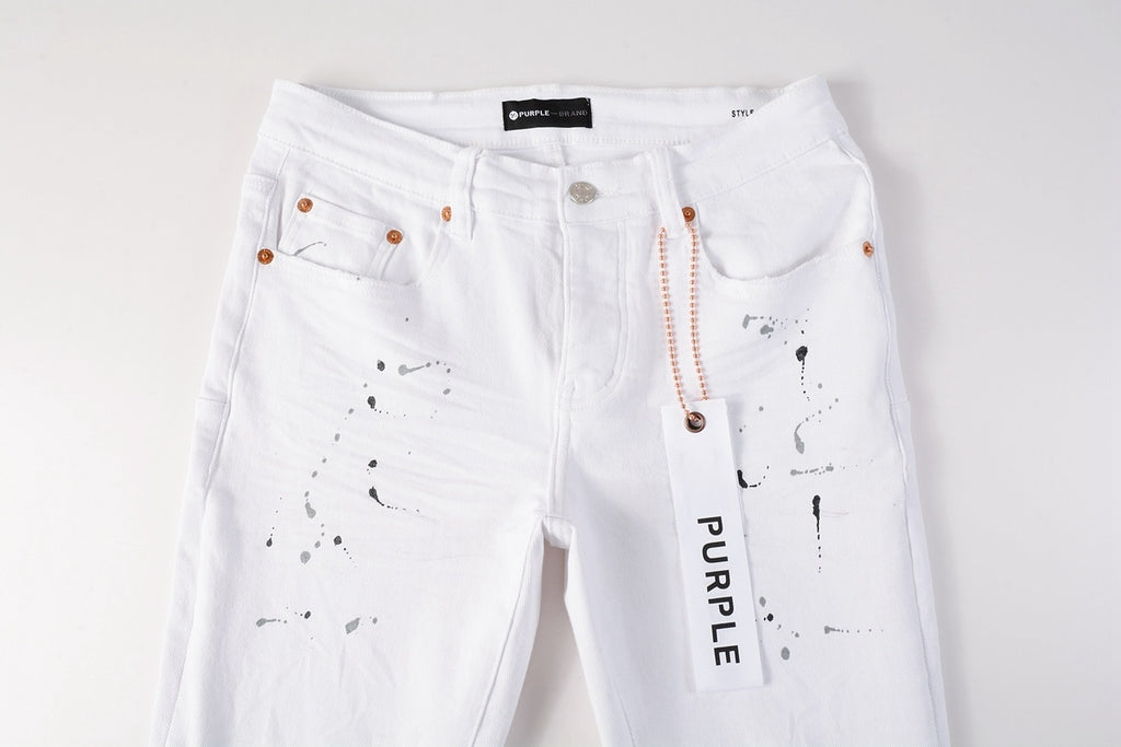 Men's White Distressed Damaged Holes High Stretch Slim Fit Spray Paint Ripped Jeans