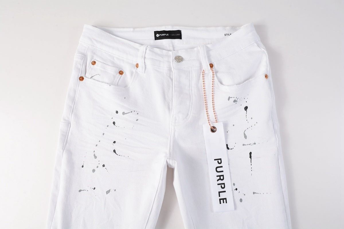 Men's White Distressed Damaged Holes High Stretch Slim Fit Spray Paint Ripped Jeans
