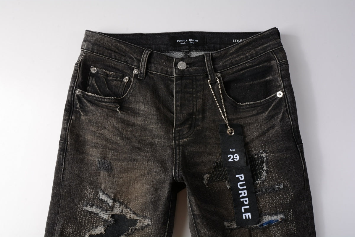 Men's Distressed Black Gray Patchwork Skinny Jeans with Ripped Holes & Button Fly