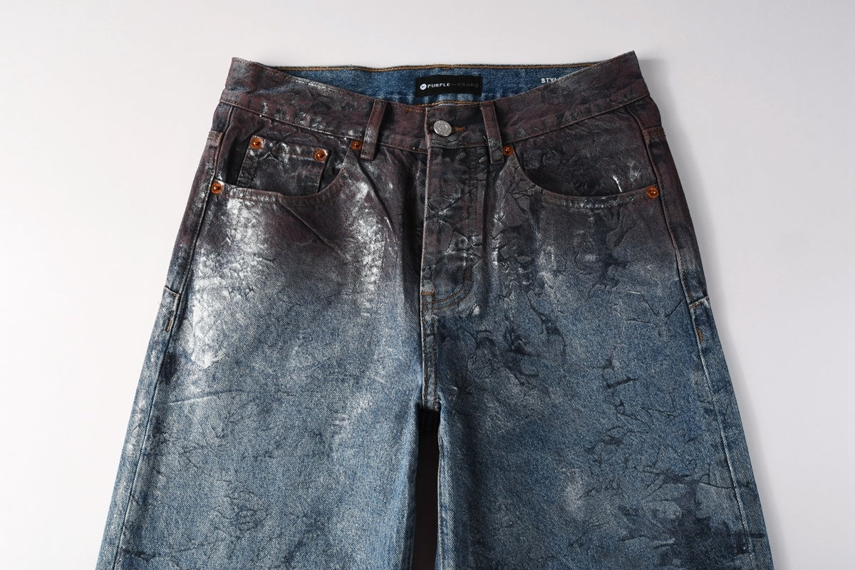 Men's Distressed Blue Coated Baggy Jeans with Graffiti Design & Stretch Fit