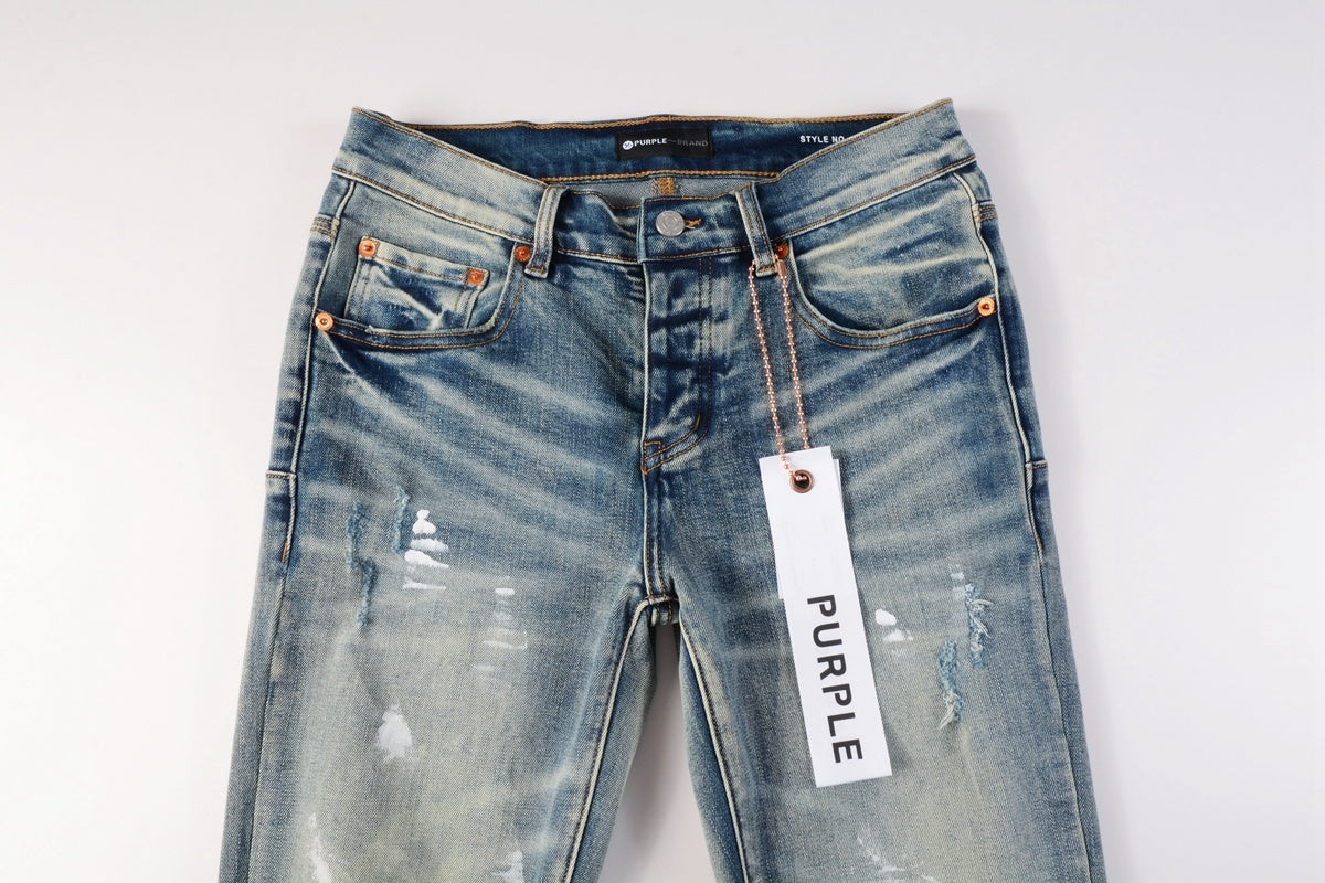 Men's Streetwear Slim Fit Distressed Blue Damaged Holes Graffiti Stretch Ripped Jeans