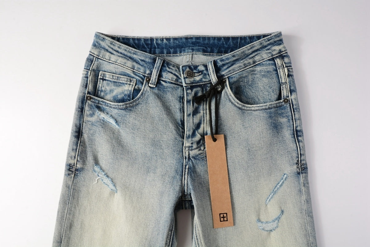 Men's Faded Light Wash Subtle Distressed Skinny Jeans - Stretch Denim