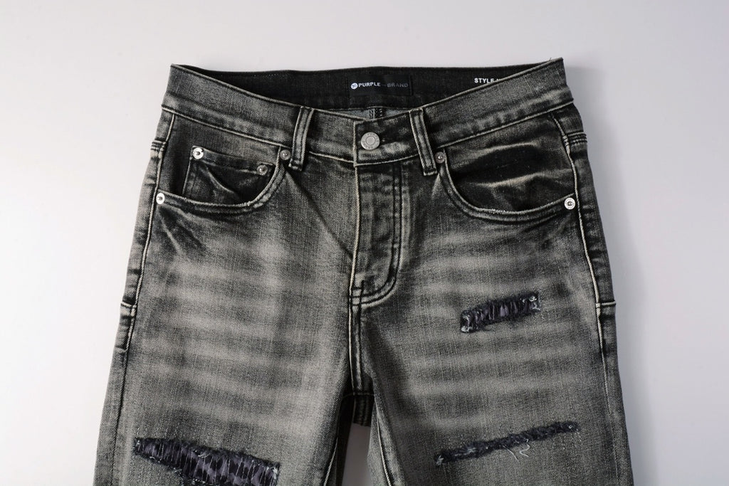 Men's High Street Distressed Ash Gray Skinny Jeans with Ripped Holes & Button Fly